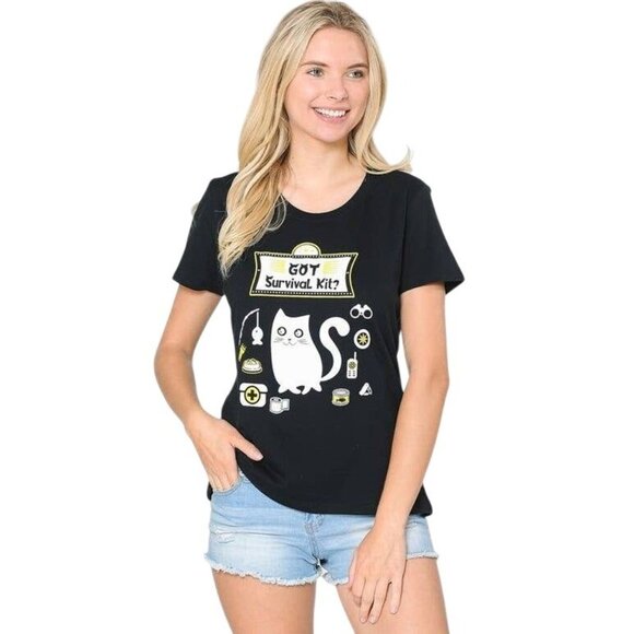Women's‎ Kitty Cat Survival Kit Cat Graphic T-Shirt Short Sleeve Medium - Picture 1 of 5
